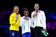 Rebeca Andrade, Simone Biles, and Shilese Jones at the 2023 Artistic Gymnastics World Championships.